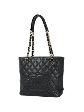 Chanel Tote Bag CC Logo Quilted Petite Shopping PST Caviar Leather Black